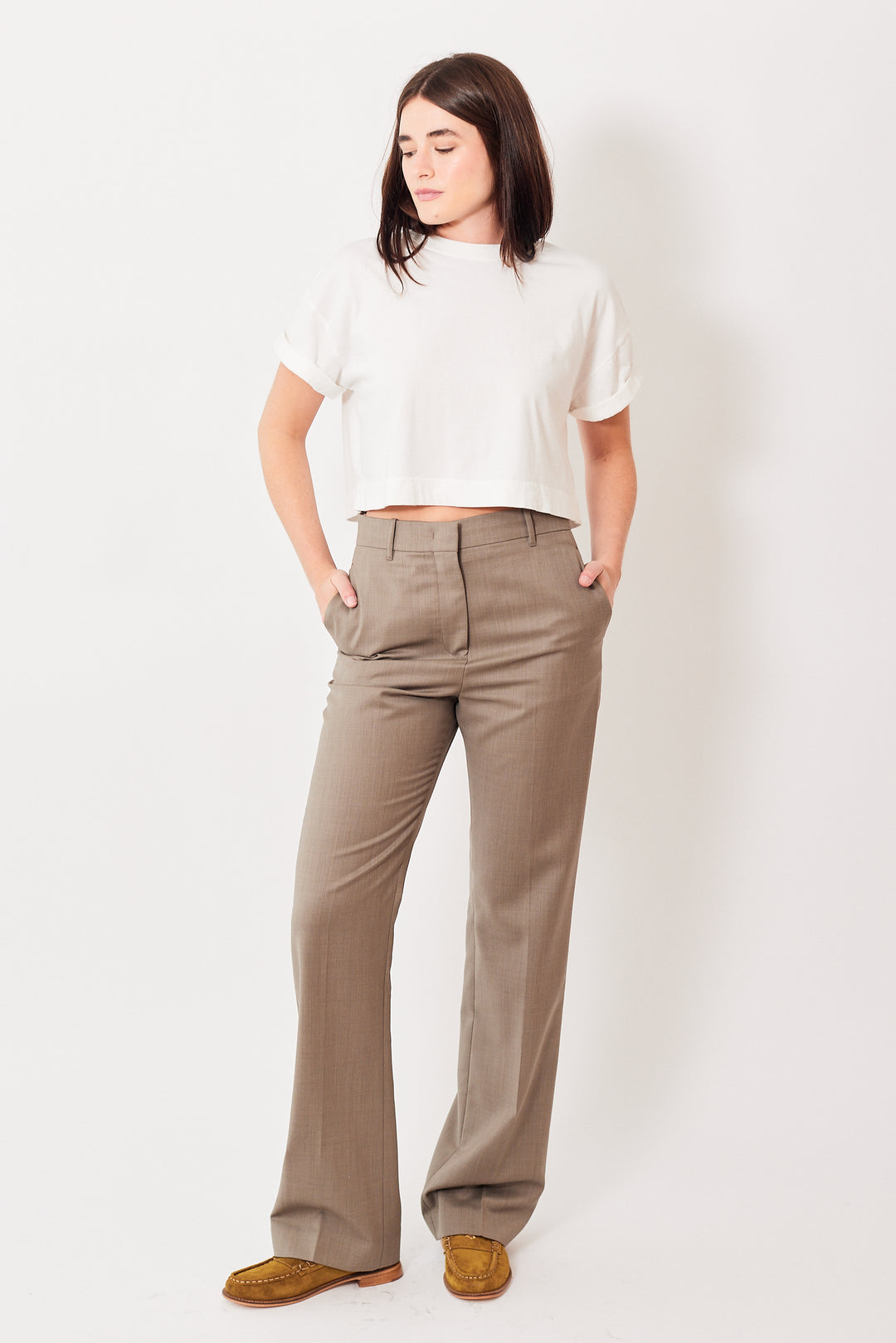 Julia wearing Golden Goose New Relaxed Light Tailoring Wool Pant front view