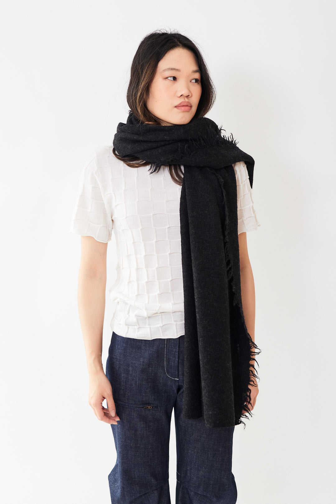 Madelyn wearing Lauren Manoogian Felt Fringe Scarf front view