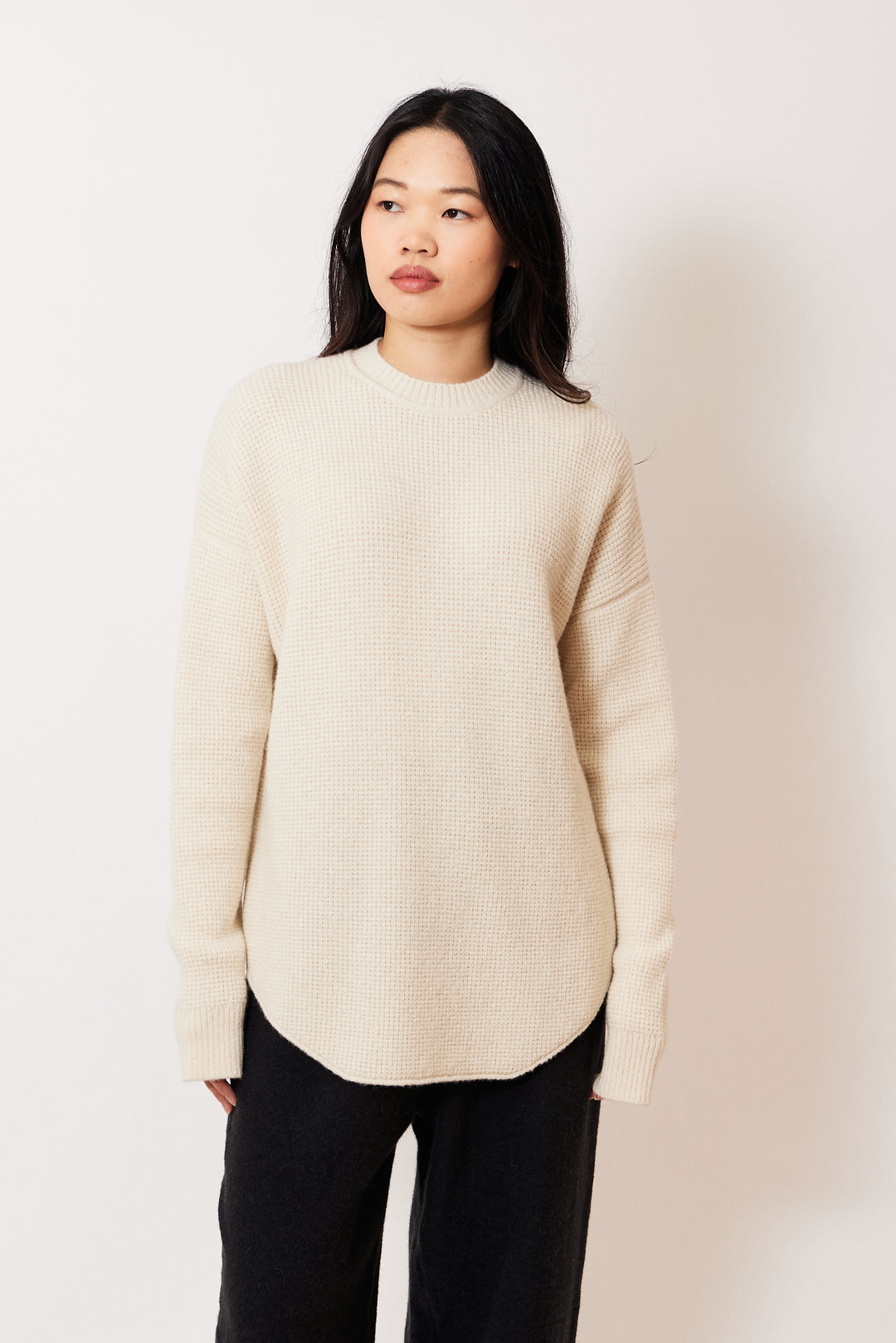 Madelyn wearing Lauren Manoogian Waffle Crewneck front view