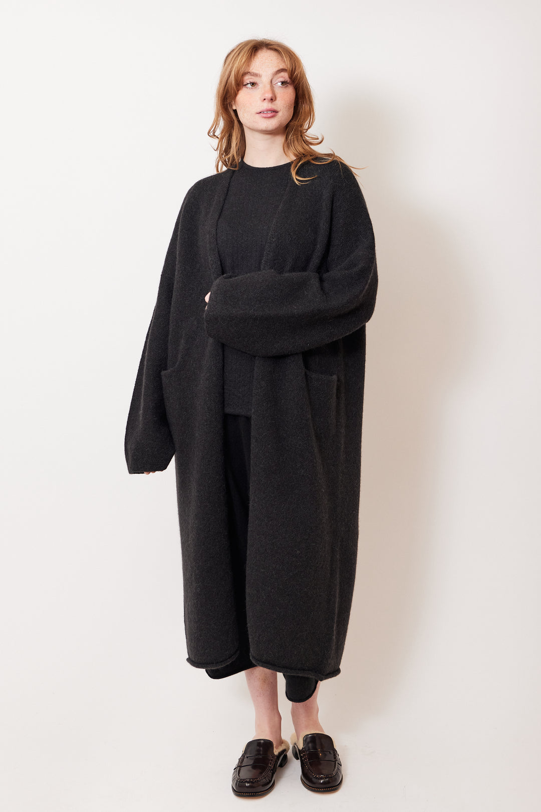 Waverly wearing Lauren Manoogian Long Open Cardigan front view