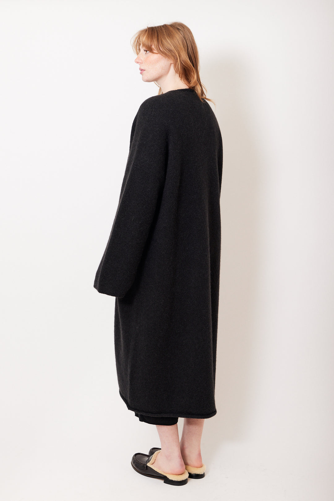 Waverly wearing Lauren Manoogian Long Open Cardigan rear view