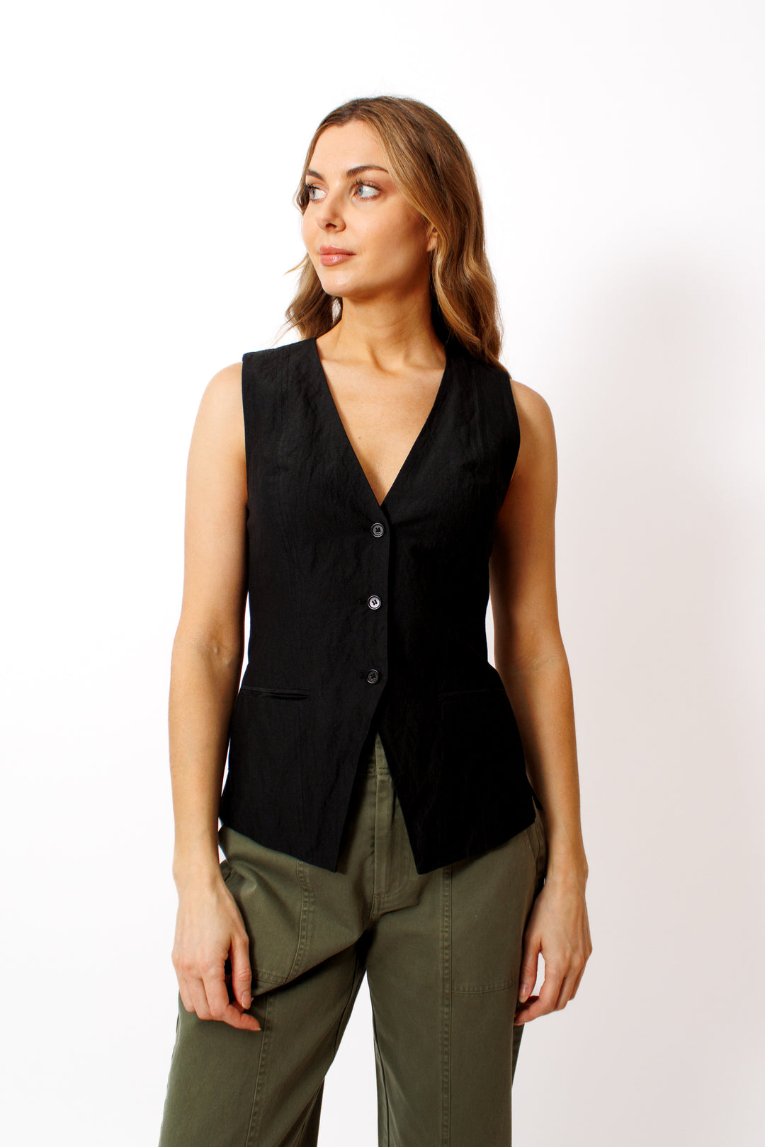 Mari wearing Apiece Apart Helena VNeck Vest front view 