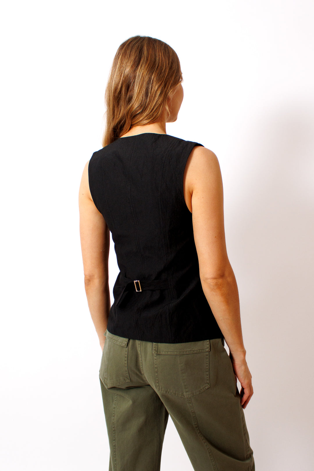 Mari wearing Apiece Apart Helena VNeck Vest rear view 