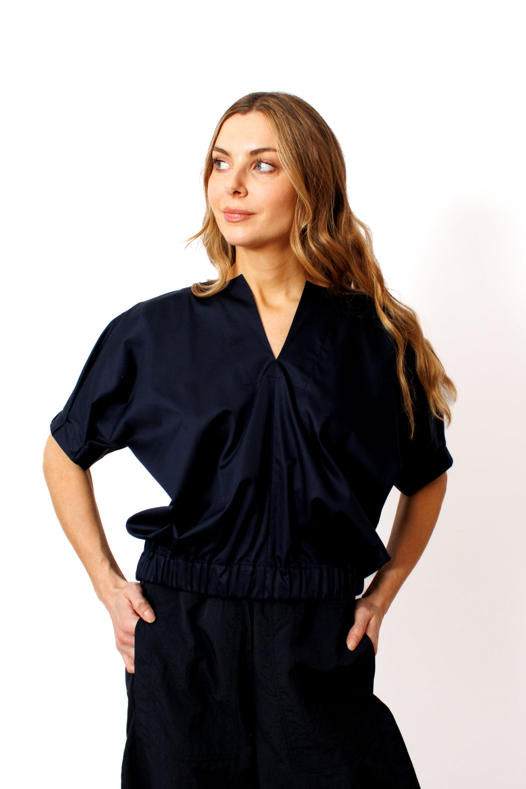 Mari wearing Zero + Maria Cornejo Rae Cotton Broadcloth Bomber Top front view