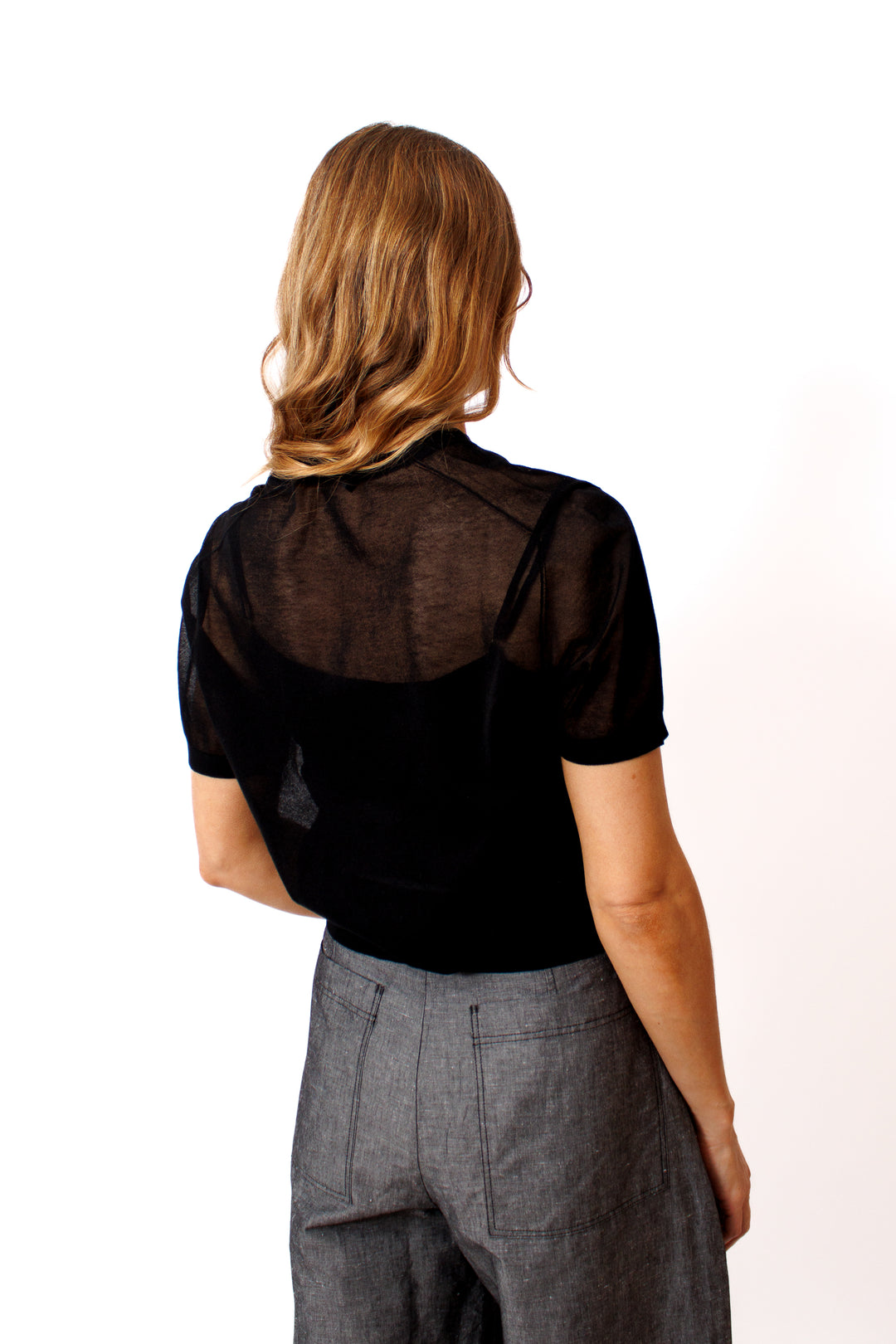 Mari wearing Soeur Dua Sheer Top rear view