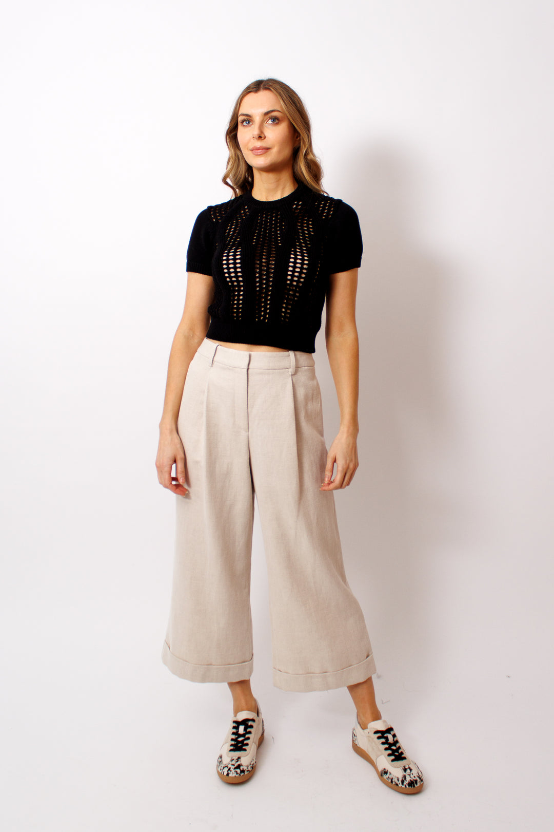 Mari wearing TWP Houston Wide Leg Trouser front view 