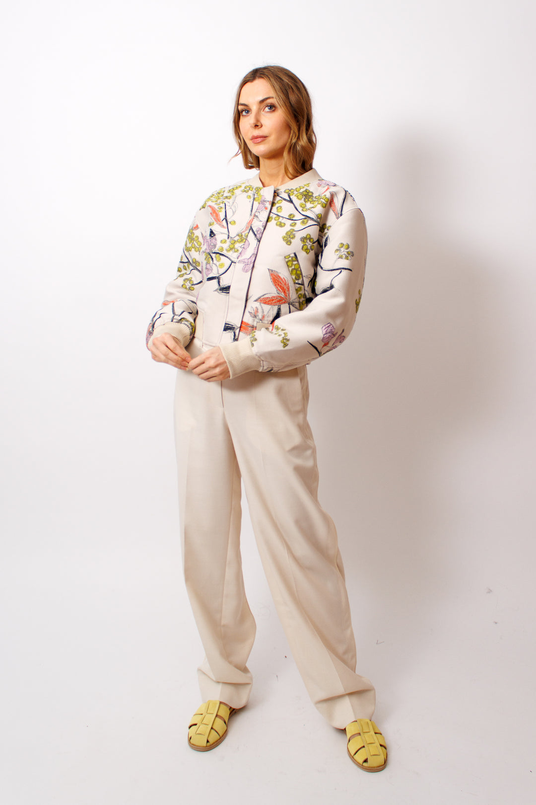 Mari wearing Stine Goya Matte Sheer Tailoring Tailored Slit Pants front view 