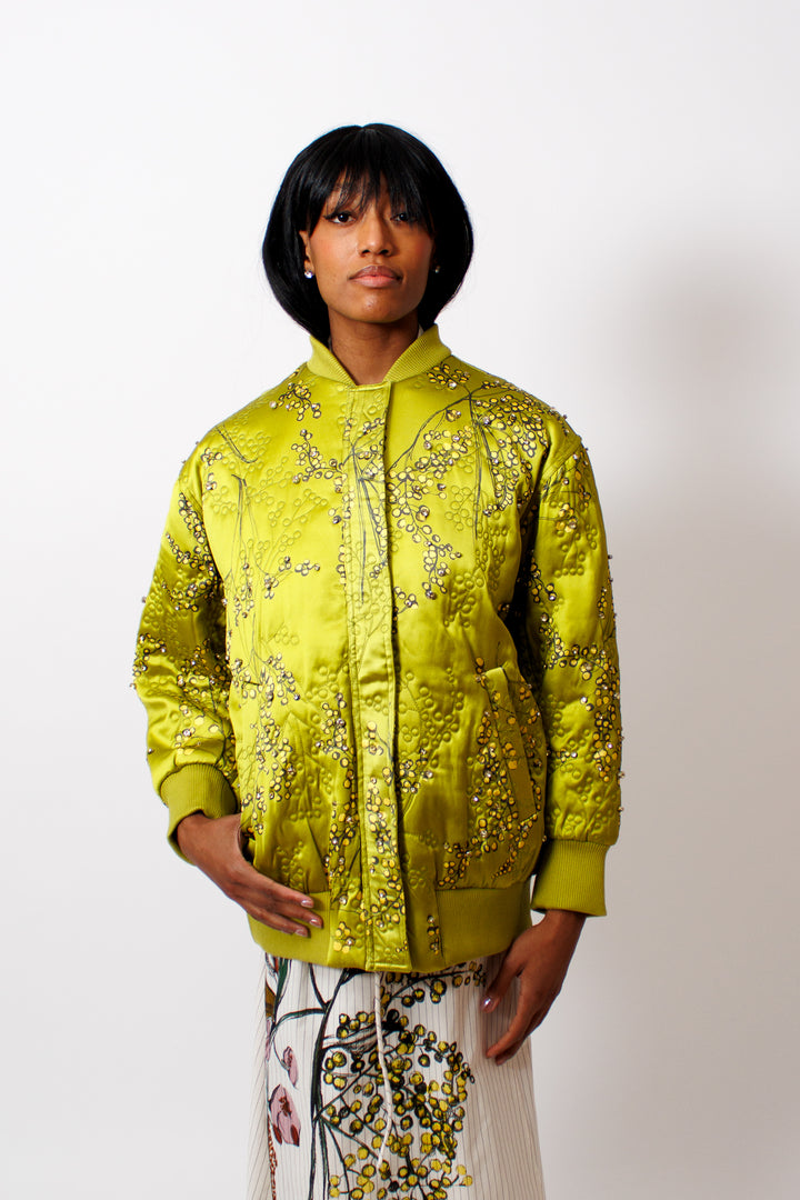 Ja'mes wearing Stine Goya Quilted Embroidery Covered Placket Voluminous Bomber Jacket front view