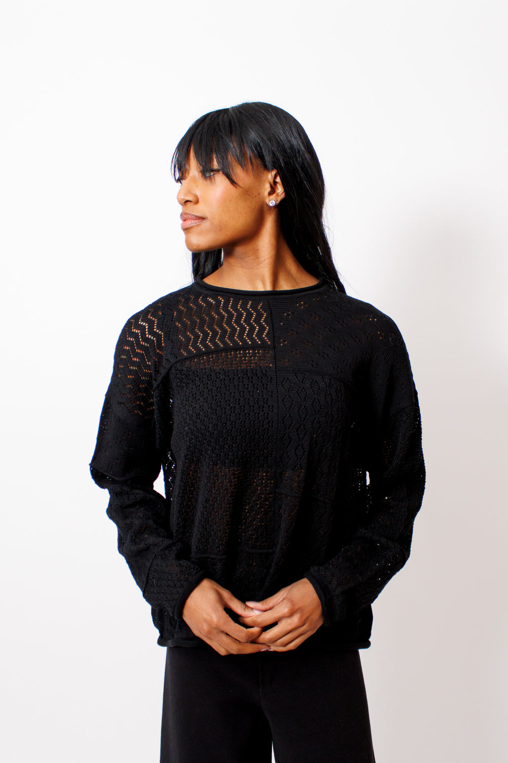 Ja'mes wearing Lauren Manoogian Mix Pointelle Crewneck front view 