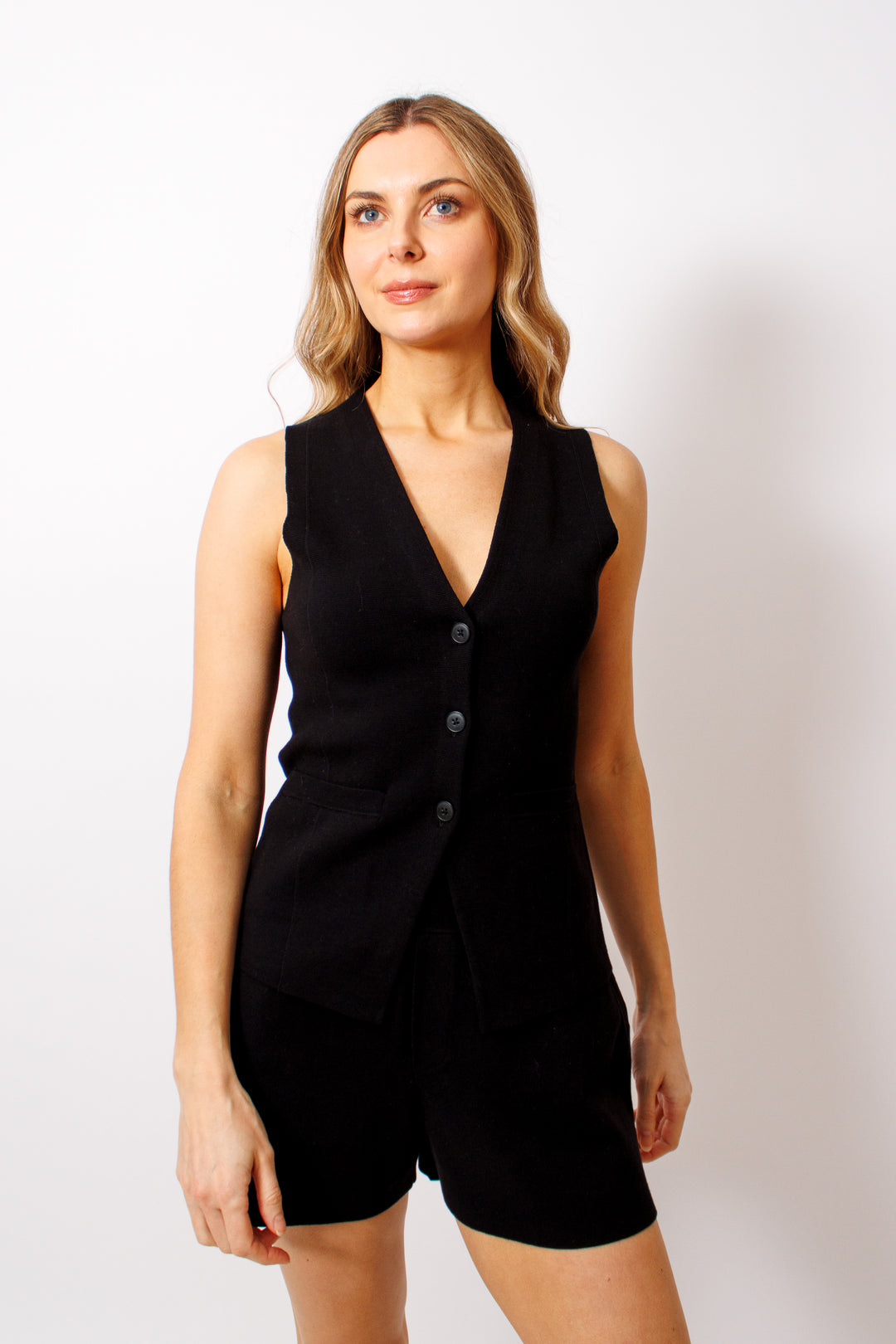 Mari wearing White + Warren Superfine Organic Cotton Waistcoat front view 