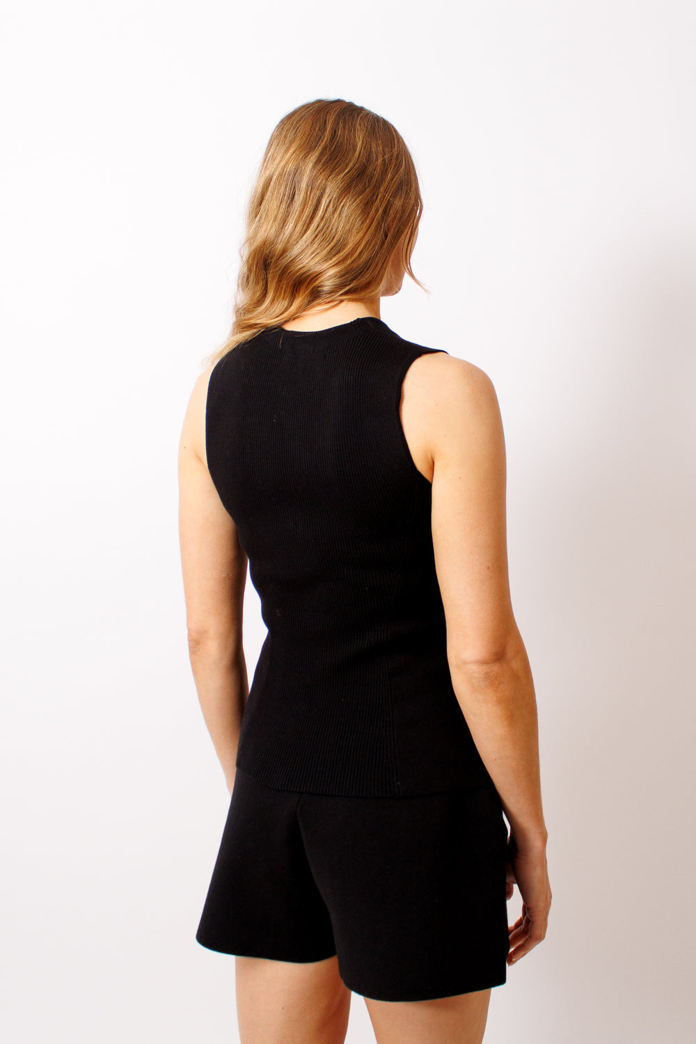 Mari wearing White + Warren Superfine Organic Cotton Waistcoat rear view 