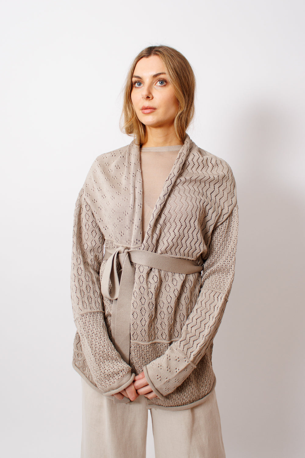 Mari wearing Lauren Manoogian Mix Pointelle Cardigan front view