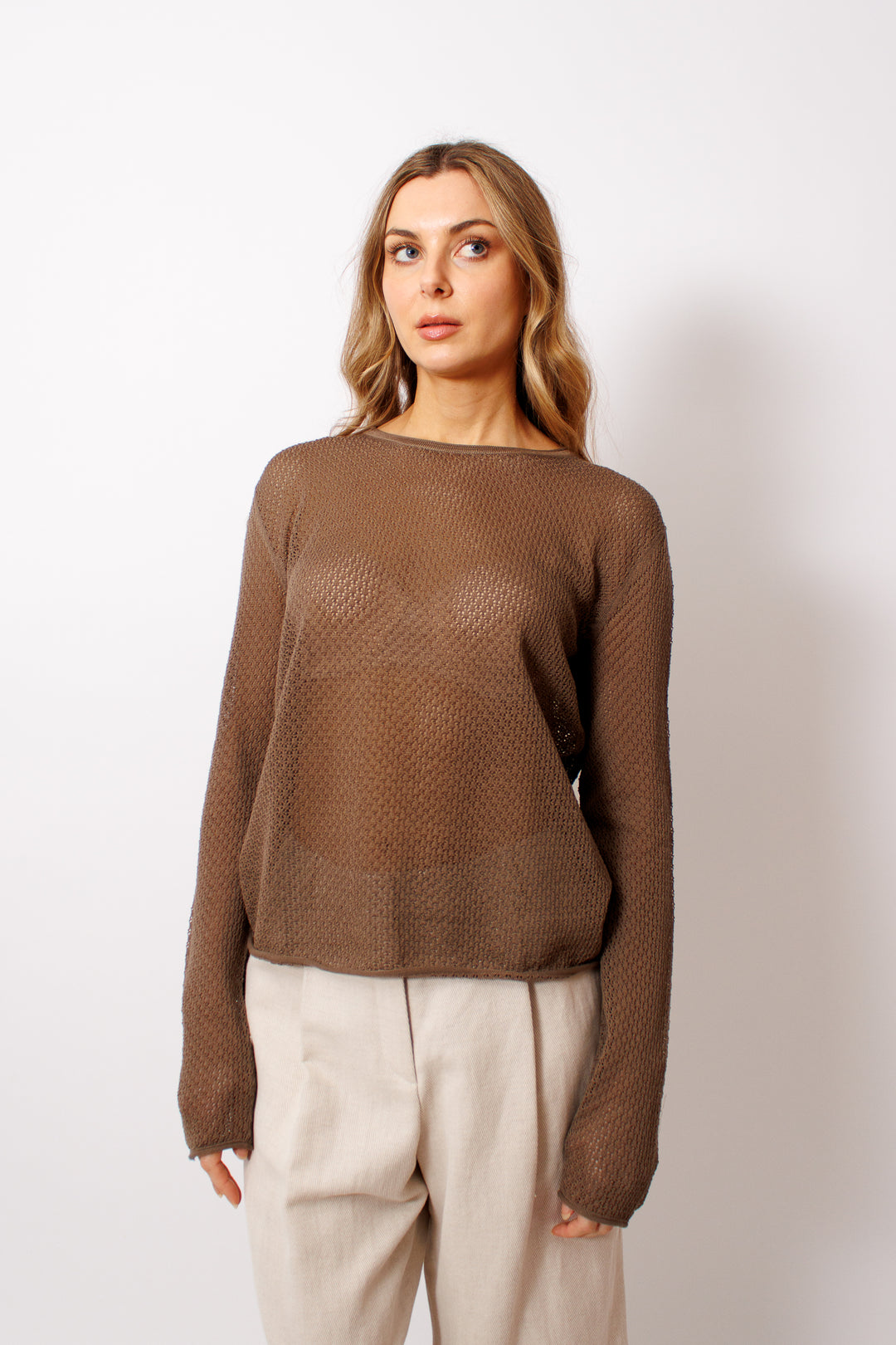 Mari wearing Lauren Manoogian Pointelle Crewneck front view