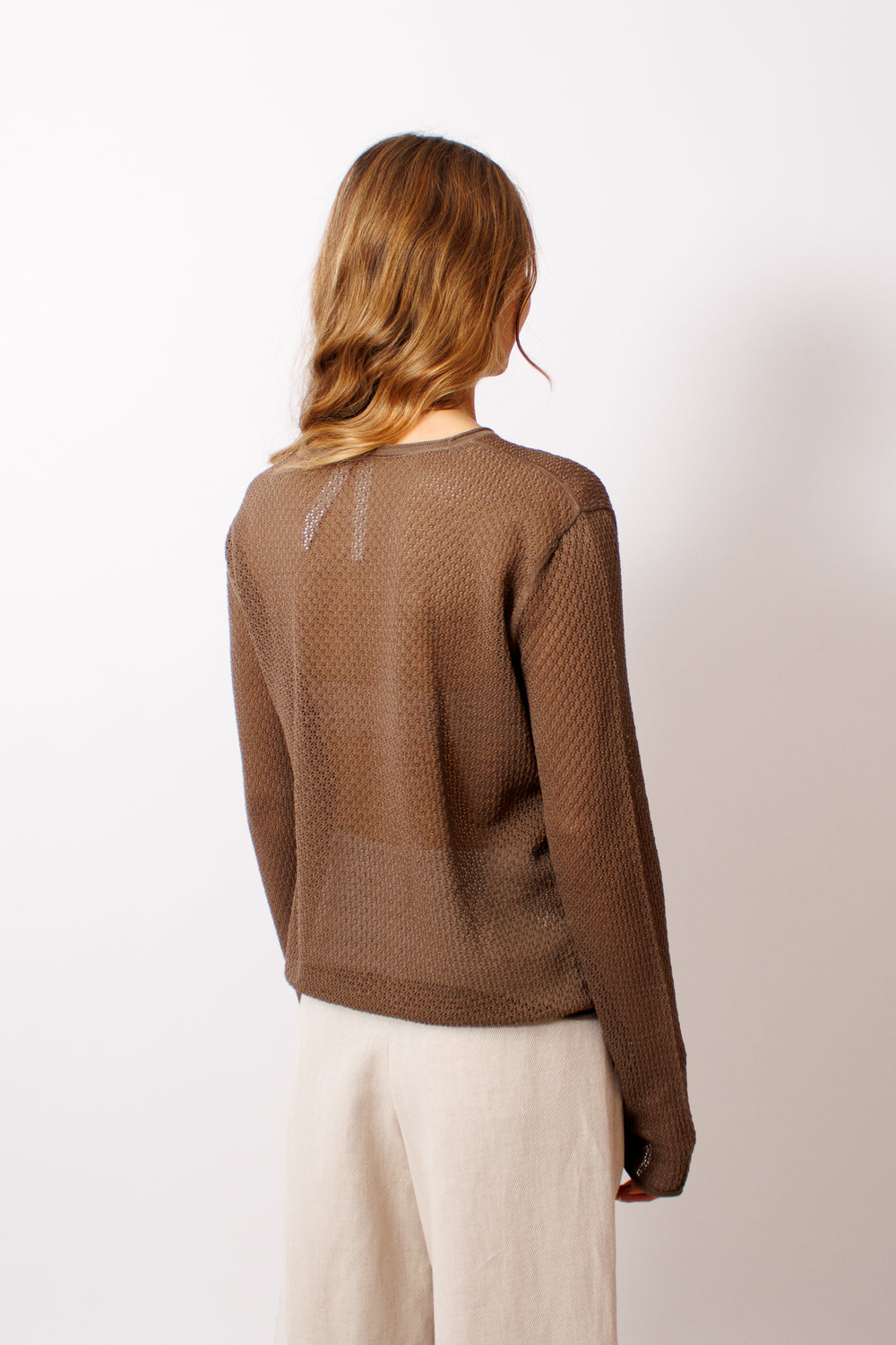 Mari wearing Lauren Manoogian Pointelle Crewneck rear view