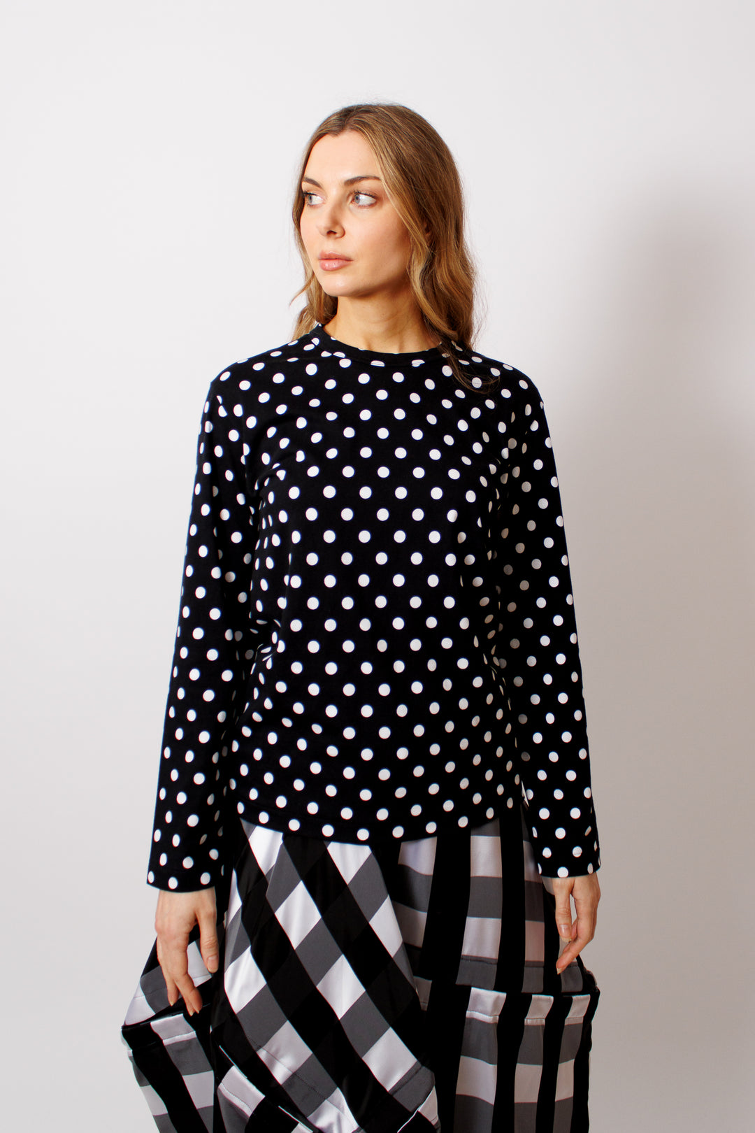 Mari wearing Comme des Garçons Dots For Days Long Sleeve Crew Tee front view