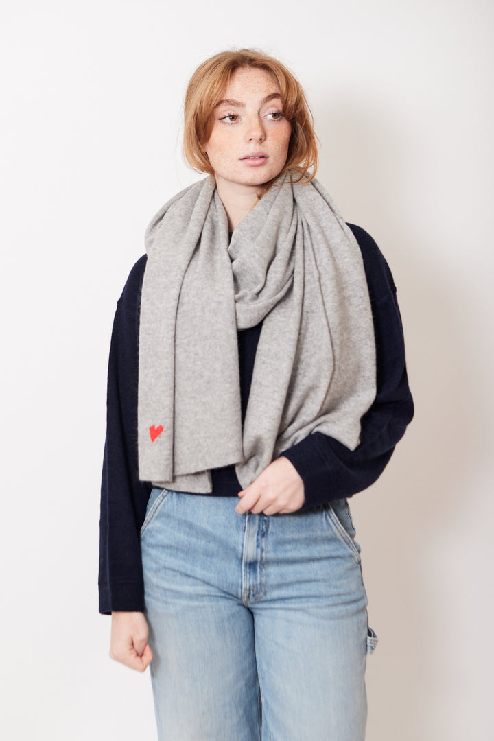 Waverly wearing White + Warren Cashmere Mini Heart Wrap front view