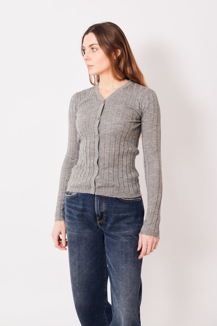 Mari wearing 6397 Wide Rib Cardigan front view