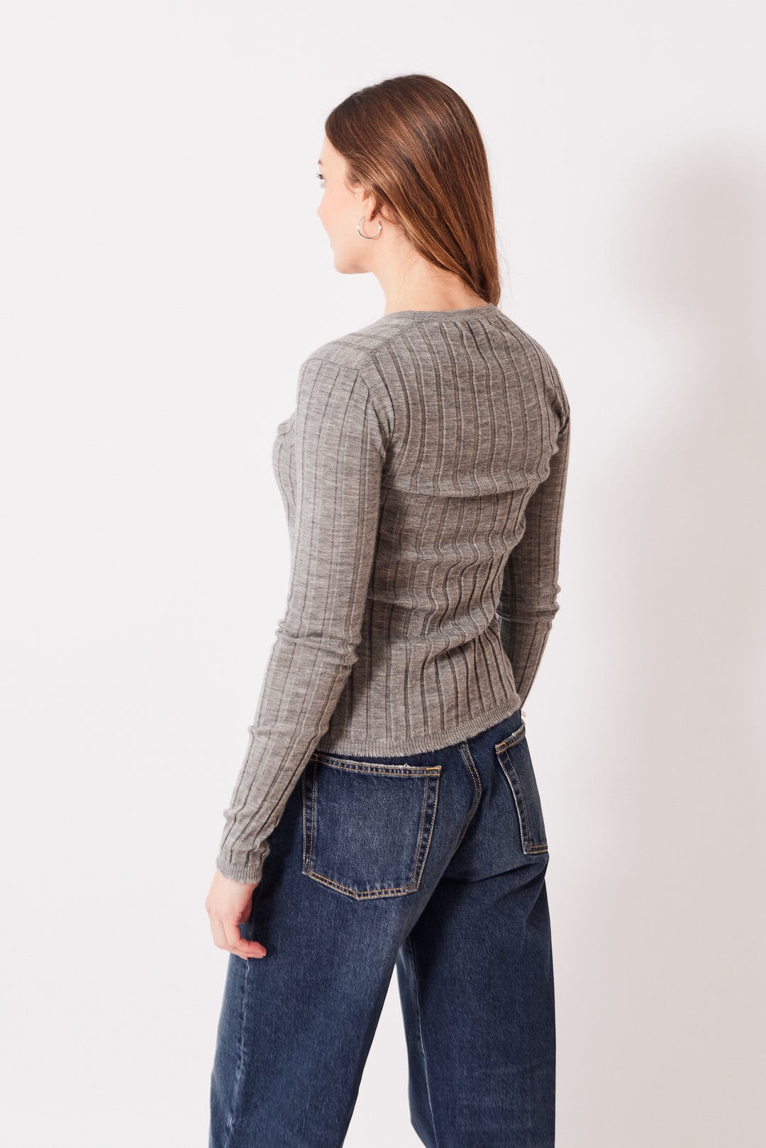 Mari wearing 6397 Wide Rib Cardigan rear view