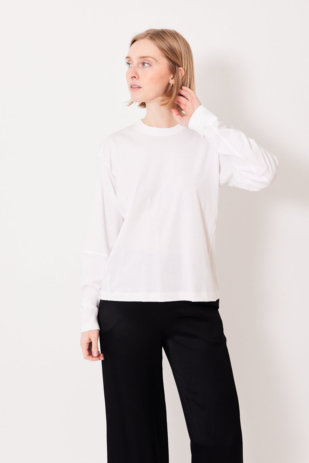 Madi wearing 6397 Coverstitch Long Sleeve Tee front view