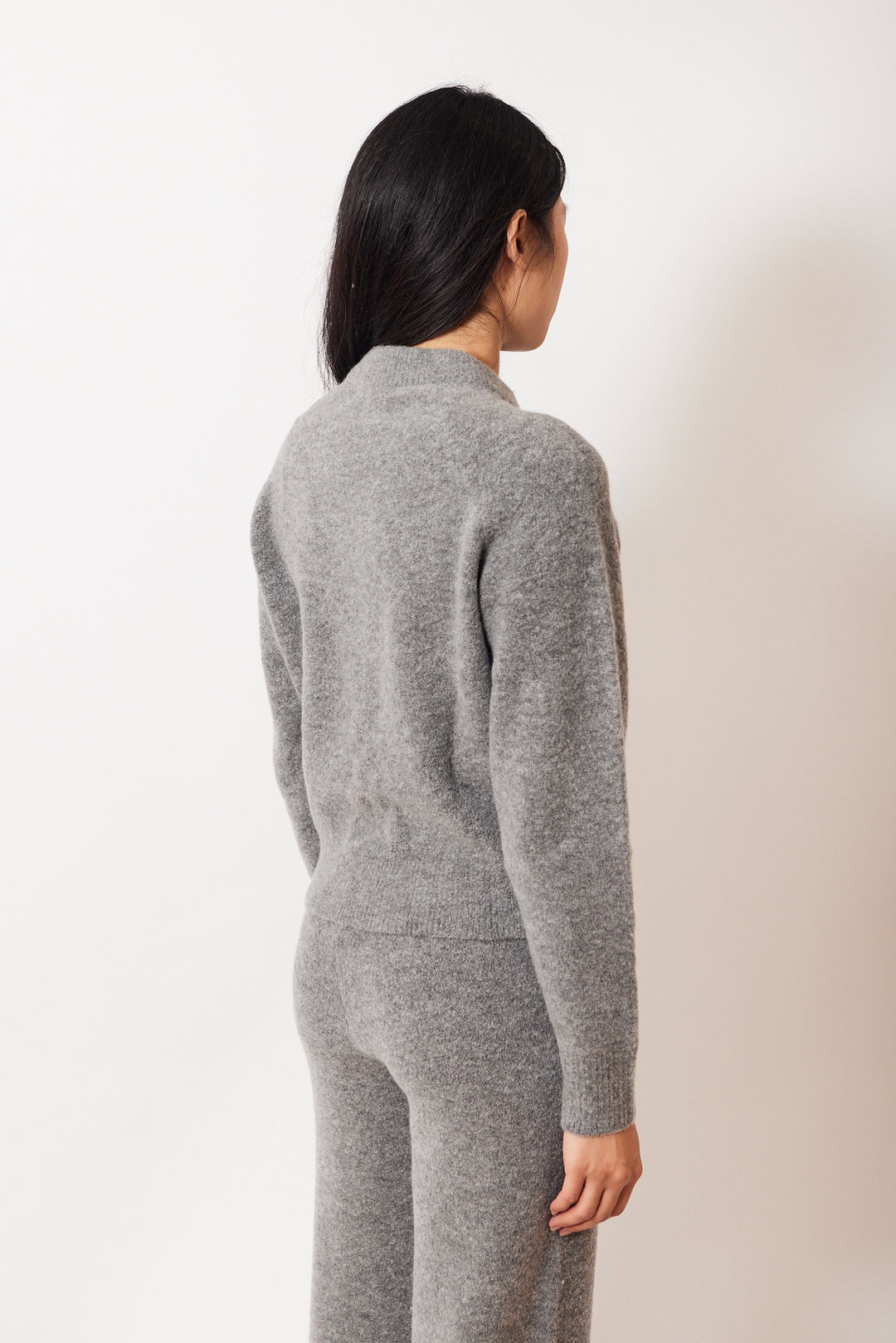 Madelyn wearing White + Warren Boucle Cashmere Blend Sweatshirt rear view