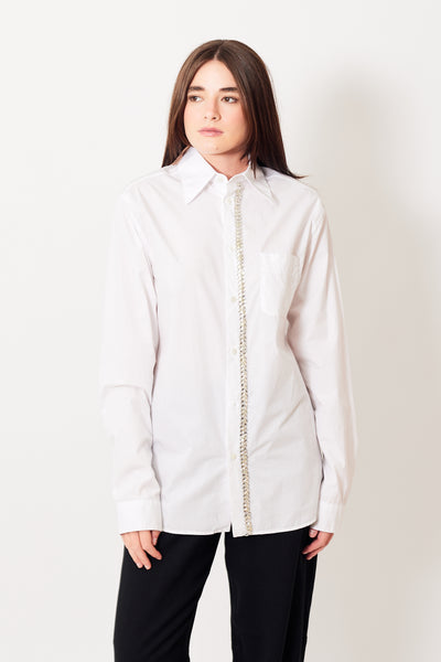 Julia wearing N°21 Embroidered Palm Jewel Embellished Woven Cotton Shirt front view