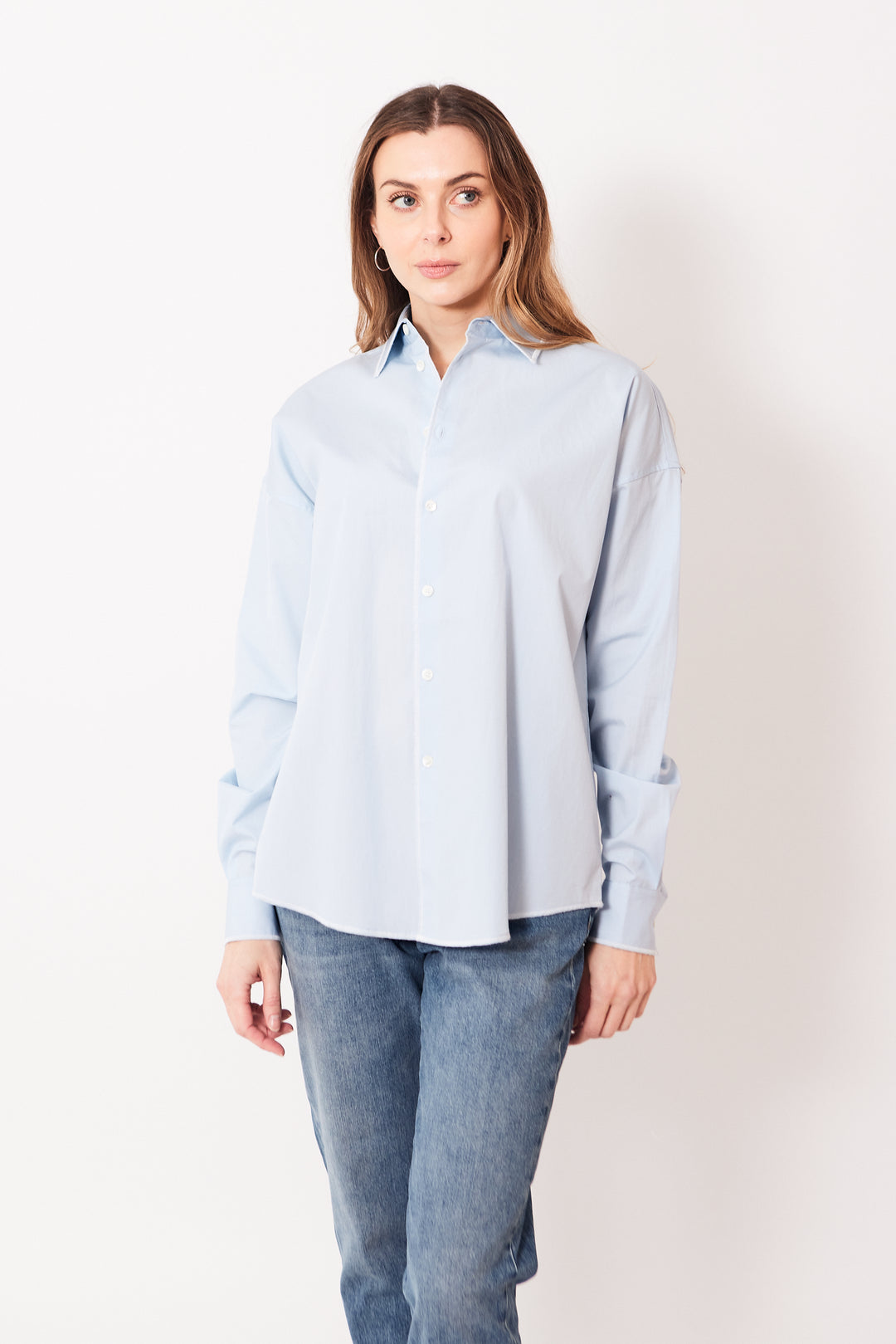 Mari wearing 6397 Contrast Overlock Uniform Shirt front view