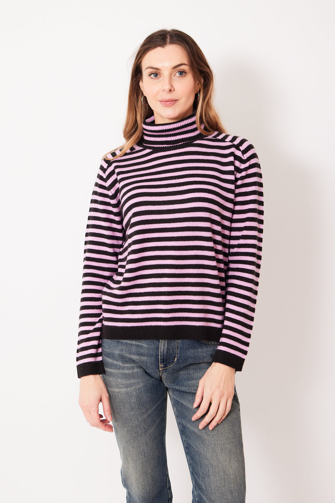 Mari wearing Jumper 1234 Narrow Stripe Roll Collar front view