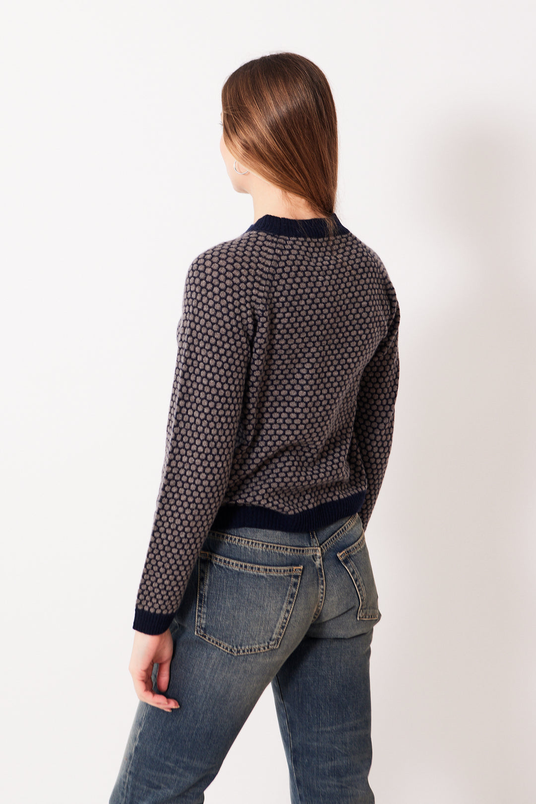 Madi wearing Jumper 1234 Honeycomb Crew rear view