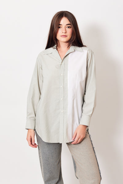 Julia wearing MM6 Maison Margiela Striped Cotton Poplin Long-Sleeved Shirt front view