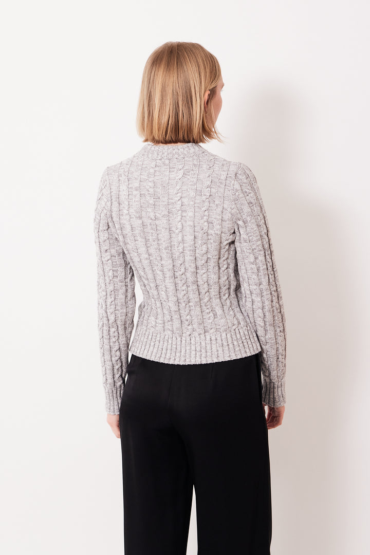 Madi wearing White + Warren Organic Cotton Cable Crew rear view