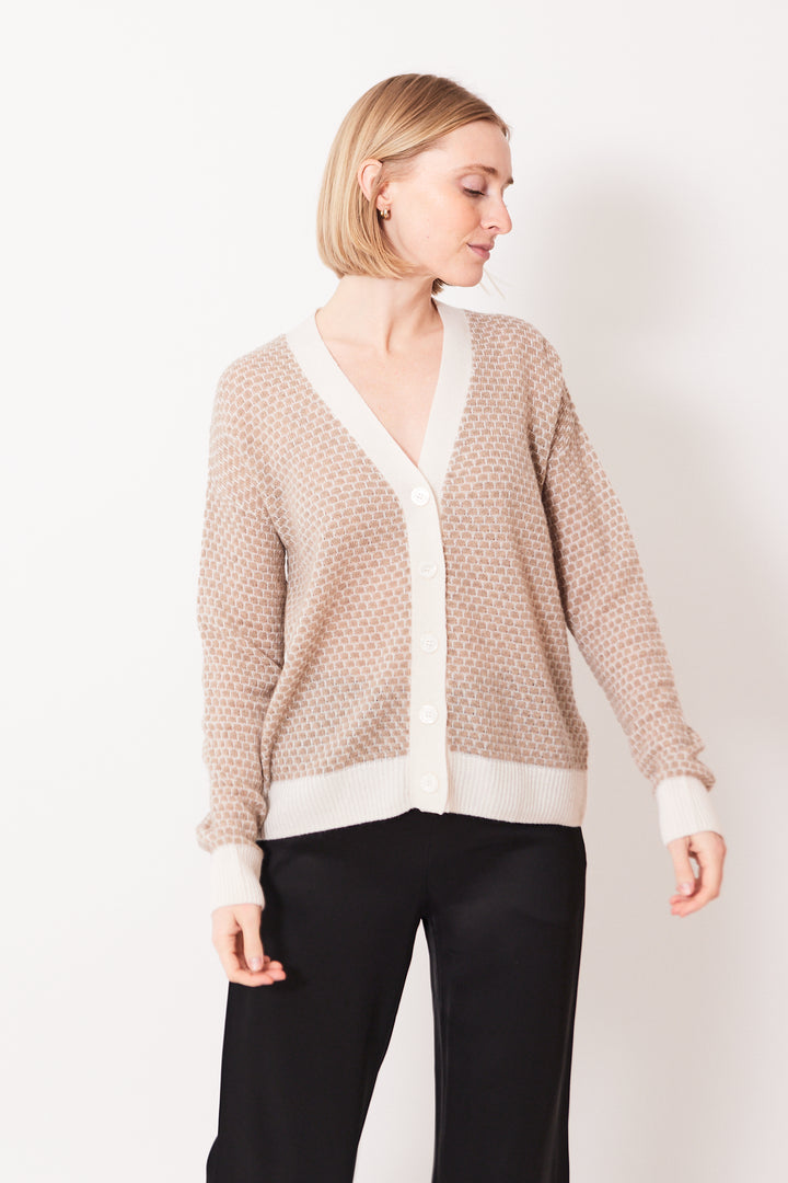 Madi wearing Jumper 1234 Honeycomb Cardigan front view