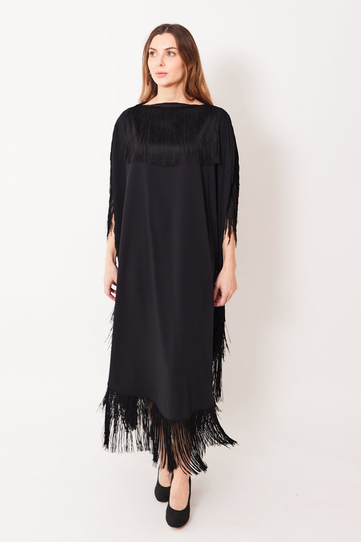 Mari wearing MM6 Maison Margiela Fluid Polyester Fringe Midi Dress Caftan front view