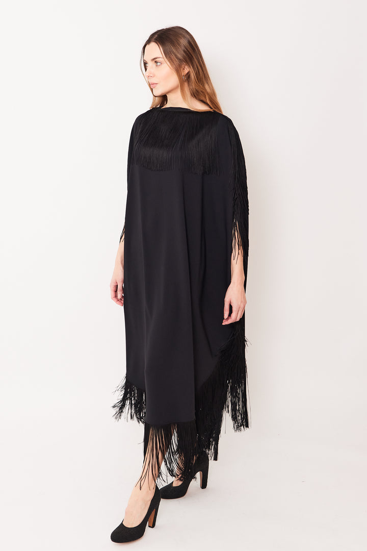 Mari wearing MM6 Maison Margiela Fluid Polyester Fringe Midi Dress Caftan front view