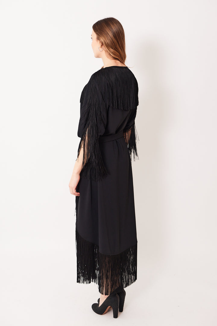 Mari wearing MM6 Maison Margiela Fluid Polyester Fringe Midi Dress Caftan rear view