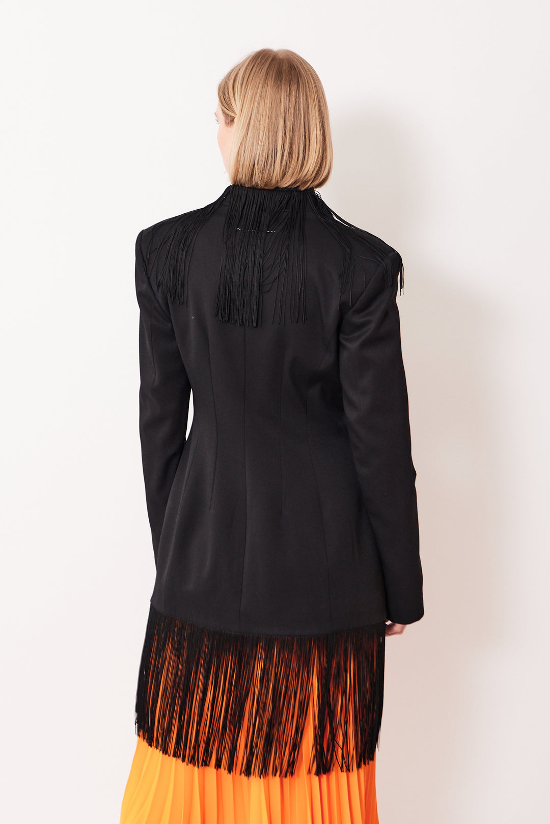 Madi wearing MM6 Maison Margiela Tailoring Wool Fitted Fringe Jacket rear view