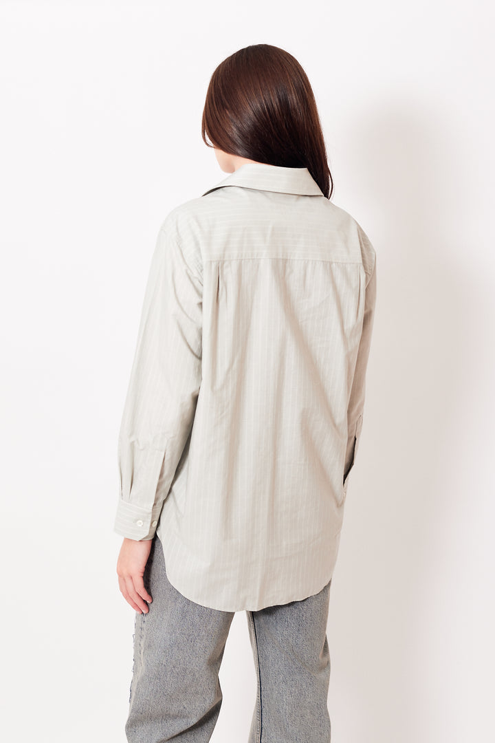 Julia wearing MM6 Maison Margiela Striped Cotton Poplin Long-Sleeved Shirt rear view