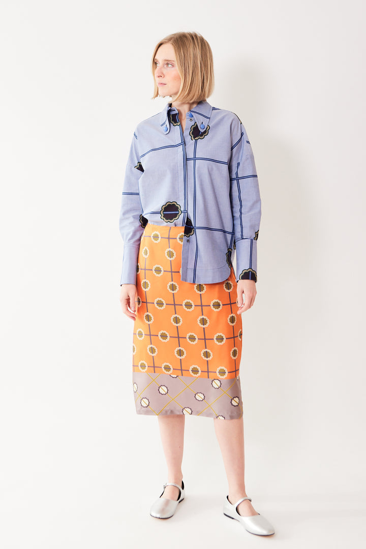 Madi wearing Odeeh Silk Abstract Trellis Motif Skirt front view