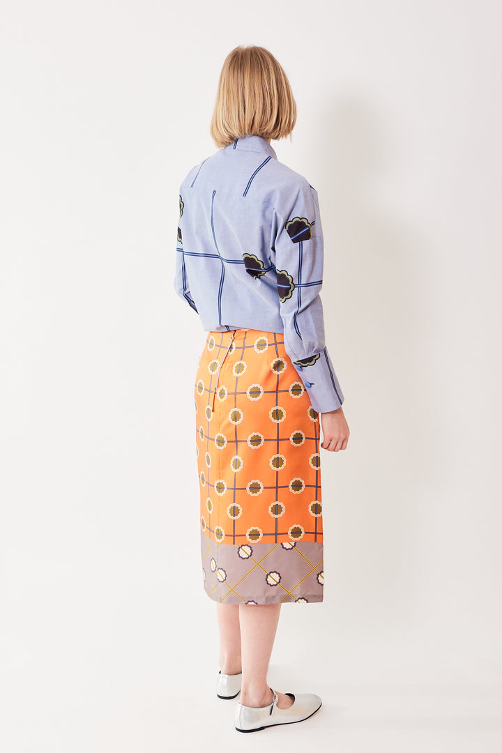 Madi wearing Odeeh Silk Abstract Trellis Motif Skirt rear view