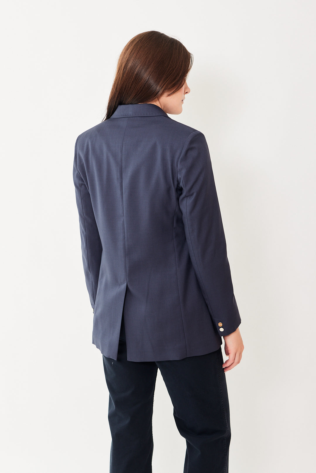 Julia wearing Herno Flannel Feeling One Button Blazer With Peak Lapel rear view