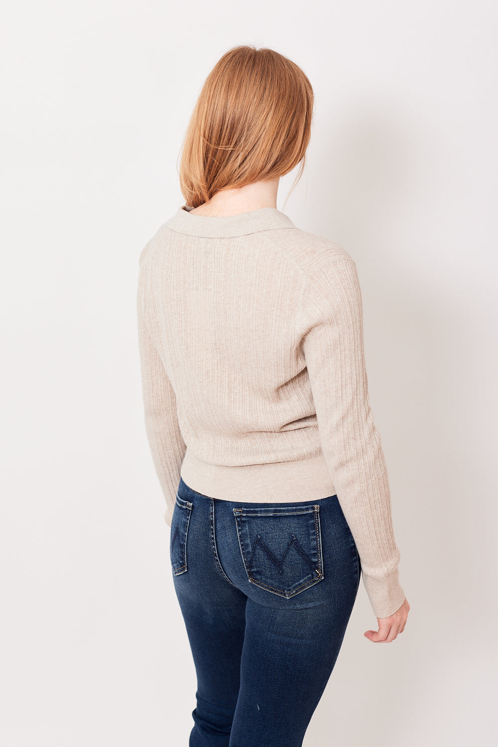 Waverly wearing White + Warren Cotton Blend Ribbed Split Neck Polo rear view