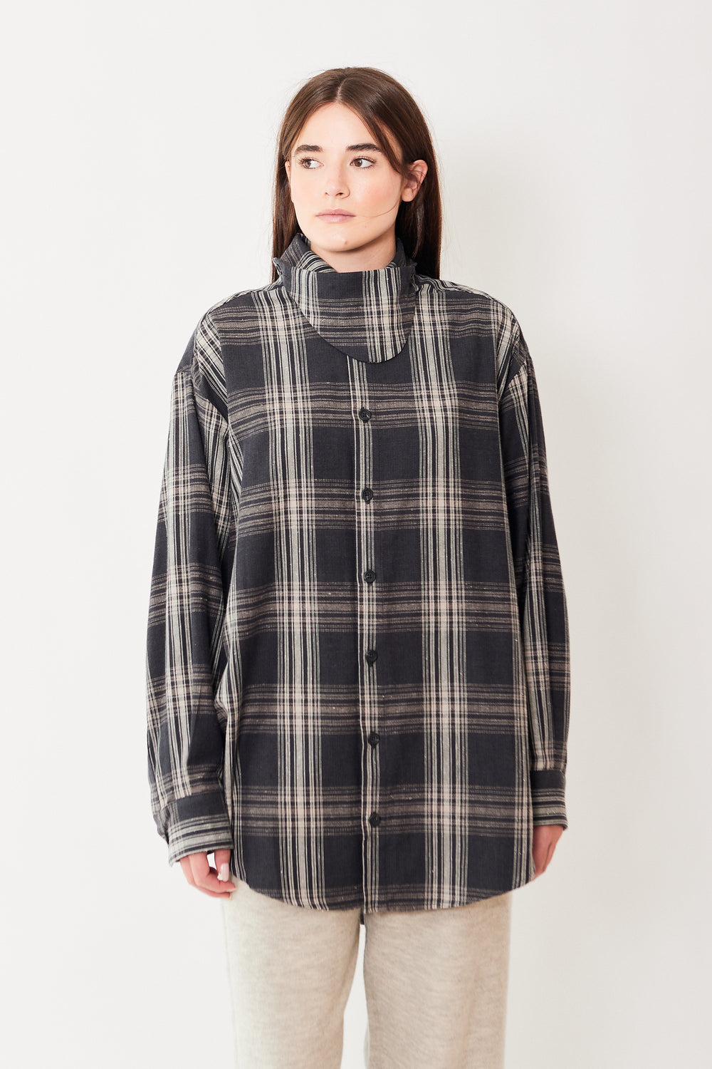 Julia wearing Lauren Manoogian Plaid Gaiter Shirt front view