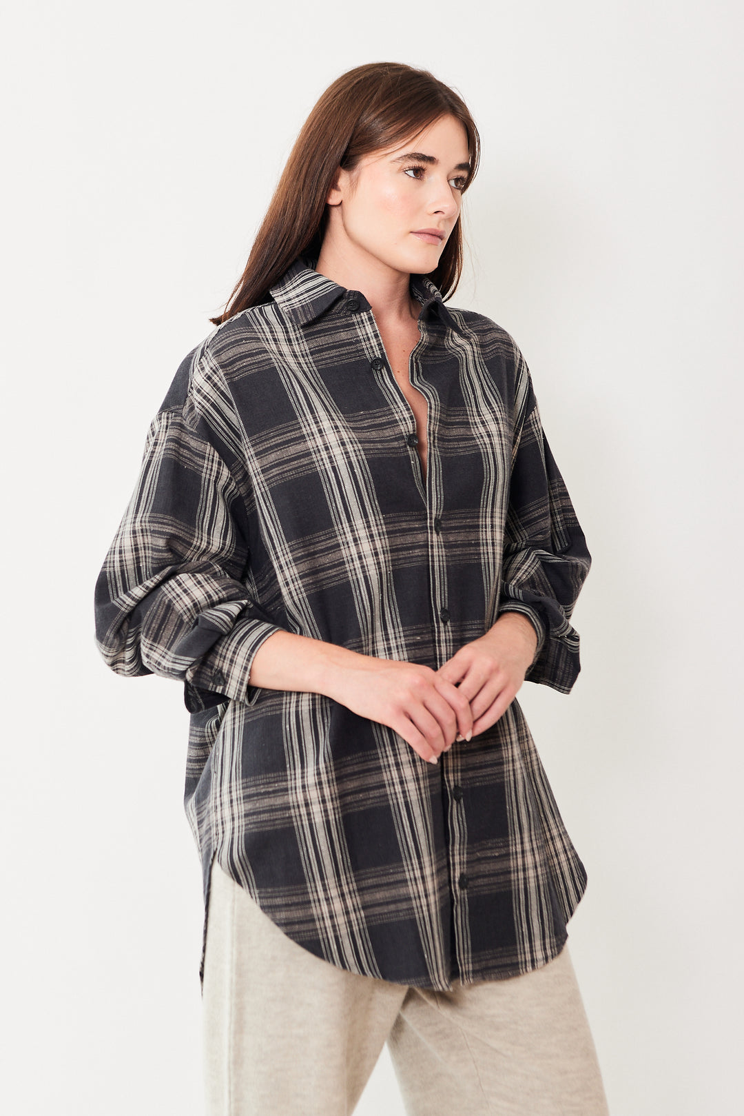 Julia wearing Lauren Manoogian Plaid Gaiter Shirt front view