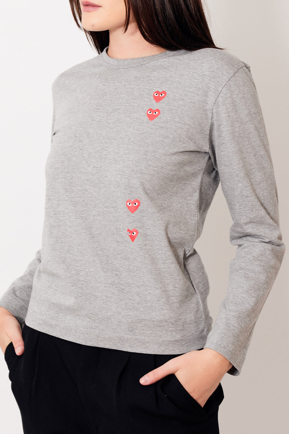 Julia wearing Comme des Garçons Many Heart Long Sleeve Logo Print T-Shirt front view