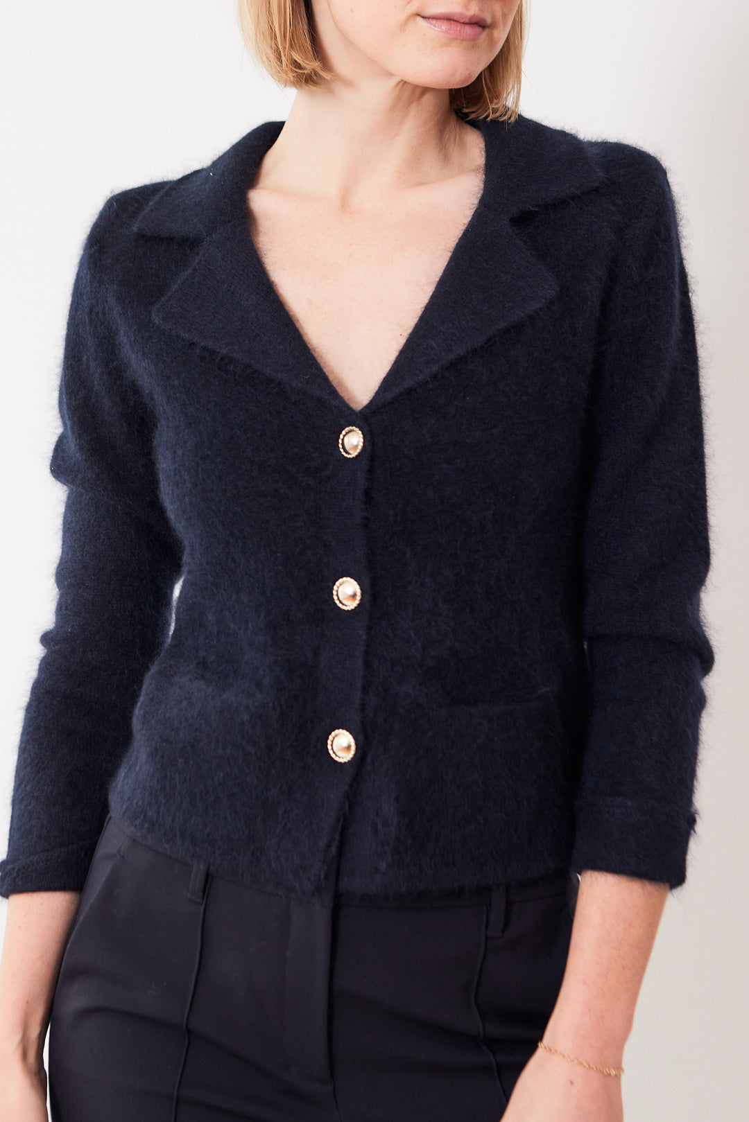 Madi wearing Dorothee Schumacher Fluffy Statements Cardigan front view