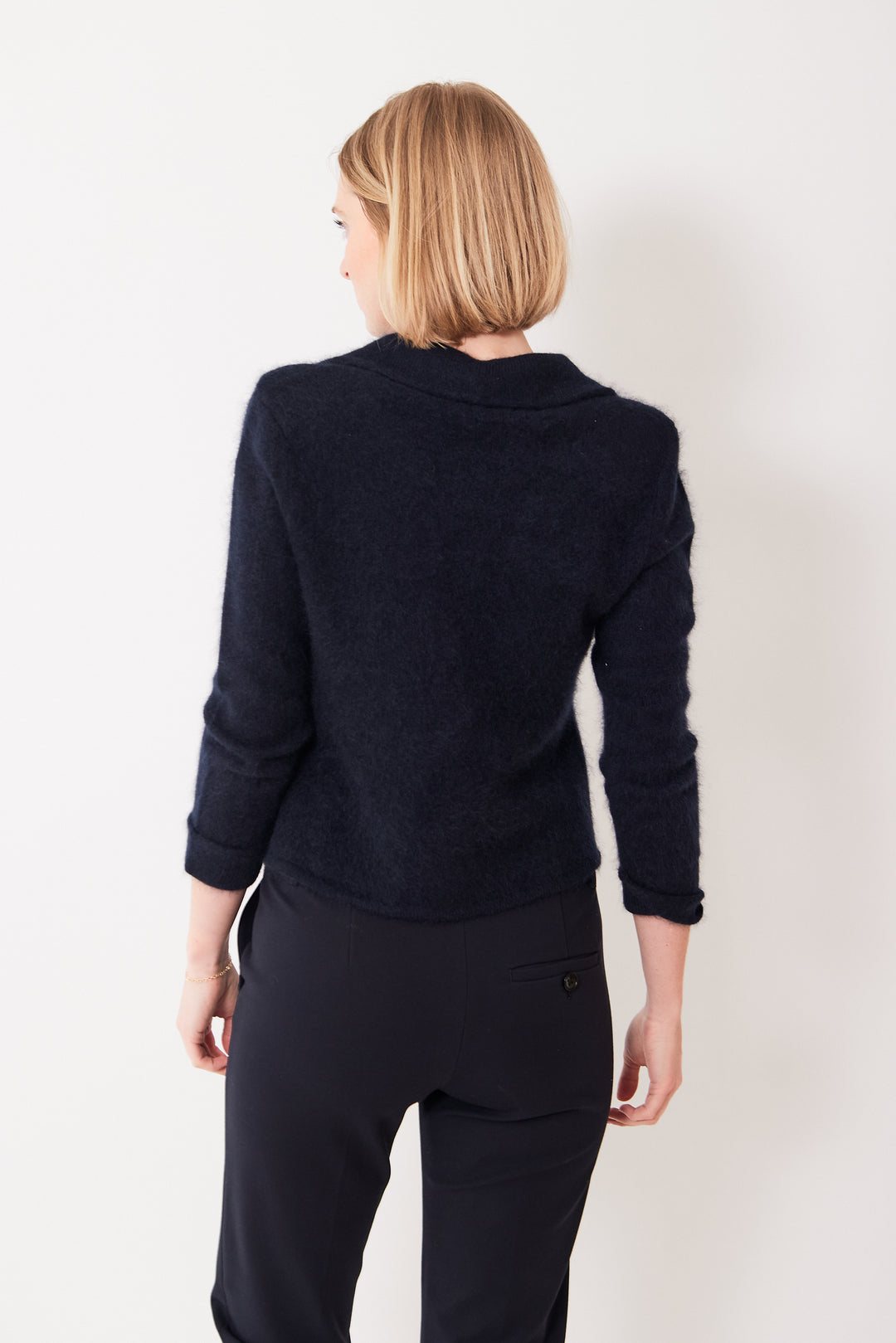 Madi wearing Dorothee Schumacher Fluffy Statements Cardigan rear view