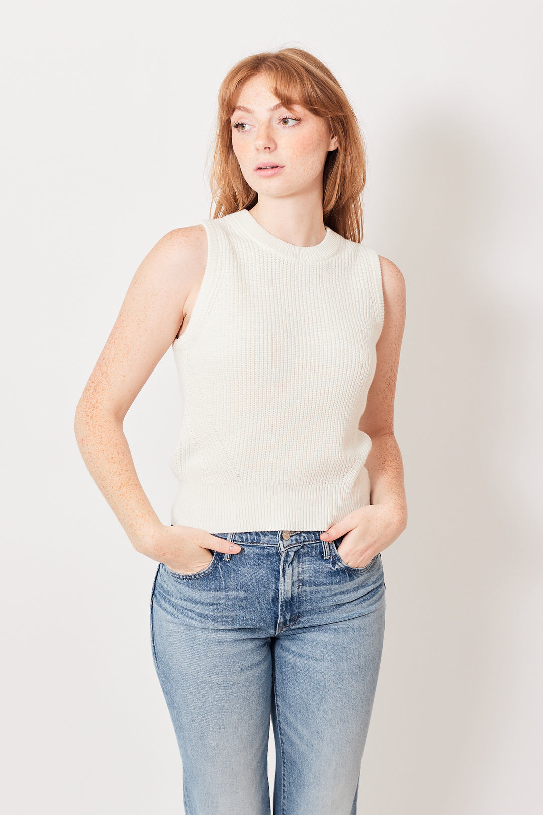 Waverly wearing White + Warren Cotton Blend Ribbed Shell front view