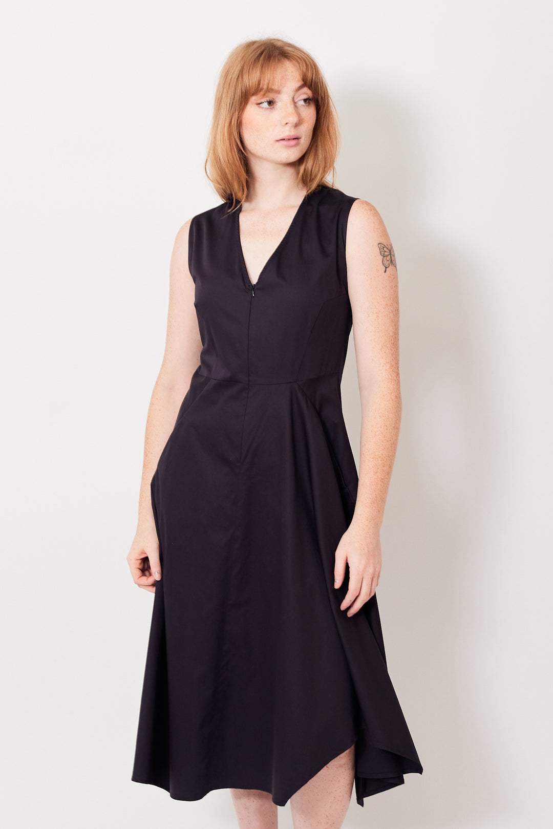 Waverly wearing Zero + Maria Cornejo Sleeveless Cotton Broadcloth Wave Dress front view