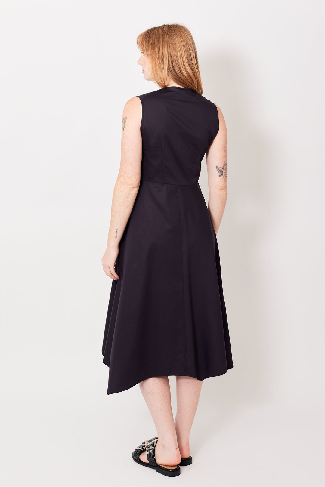 Waverly wearing Zero + Maria Cornejo Sleeveless Cotton Broadcloth Wave Dress rear view