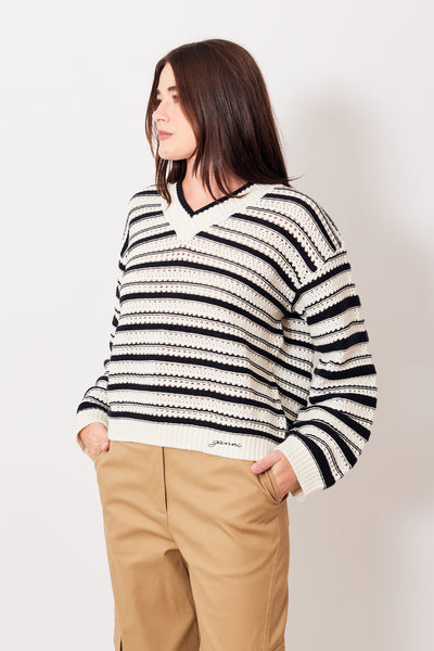 Julia wearing Ganni Striped Cotton Pointelle V-neck front view