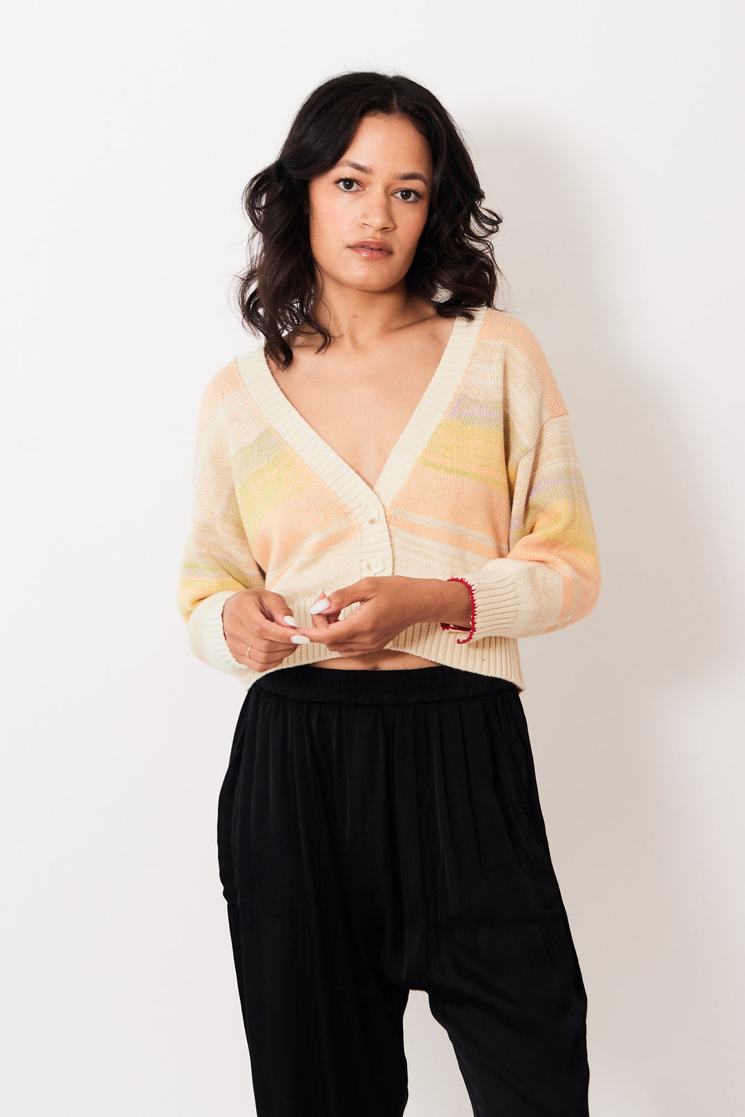 Amanda wearing Raquel Allegra Gower Cardigan front view